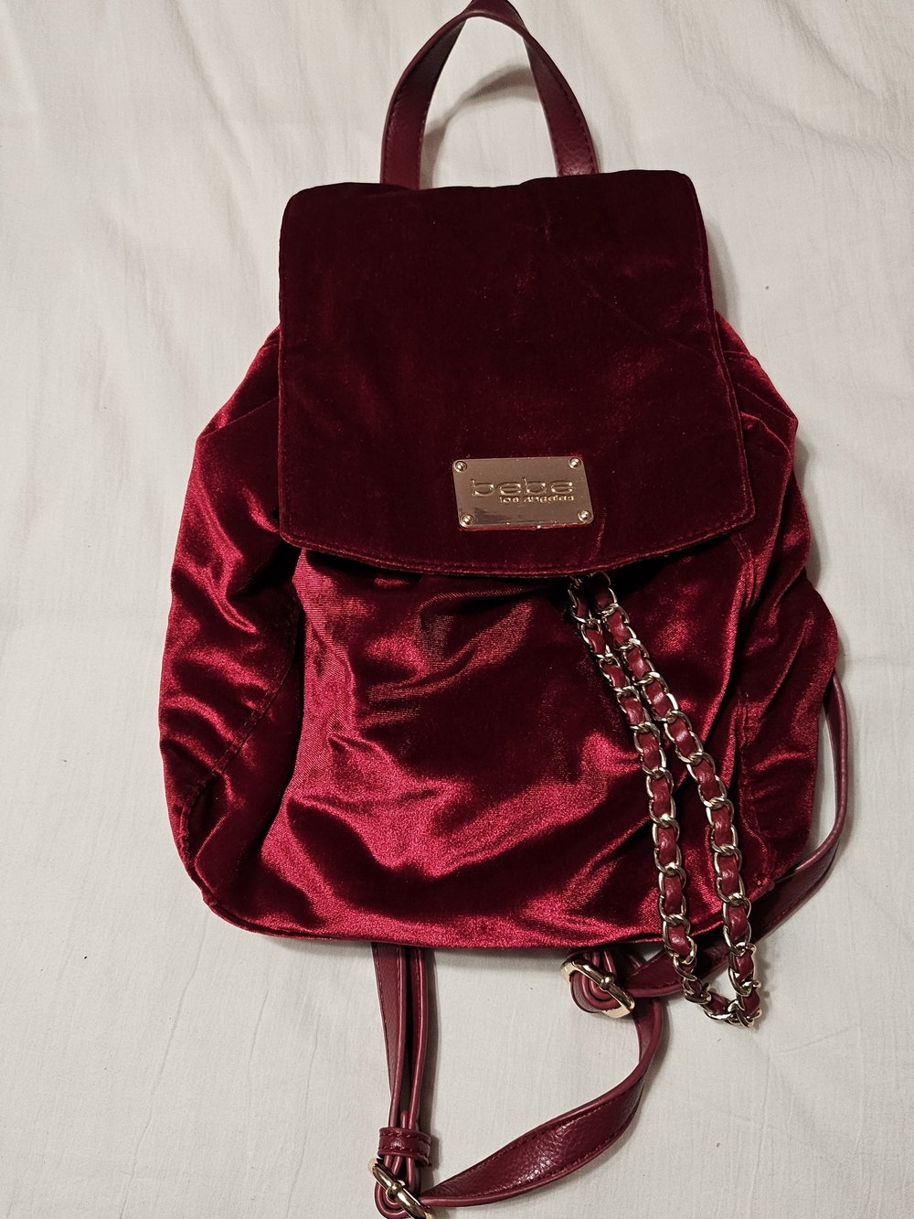 bebe Magenta Velvet Backpack with Chain Detail